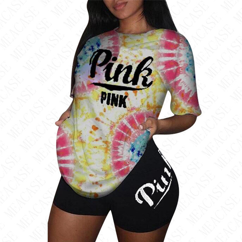 Women Summer Designer 2 piece Outfit Color Tie-dye Trendy Pink Letter Print Floral Tracksuit T-shirt Pullover Tops + Biker Shorts Sports Suit 3xl D52712