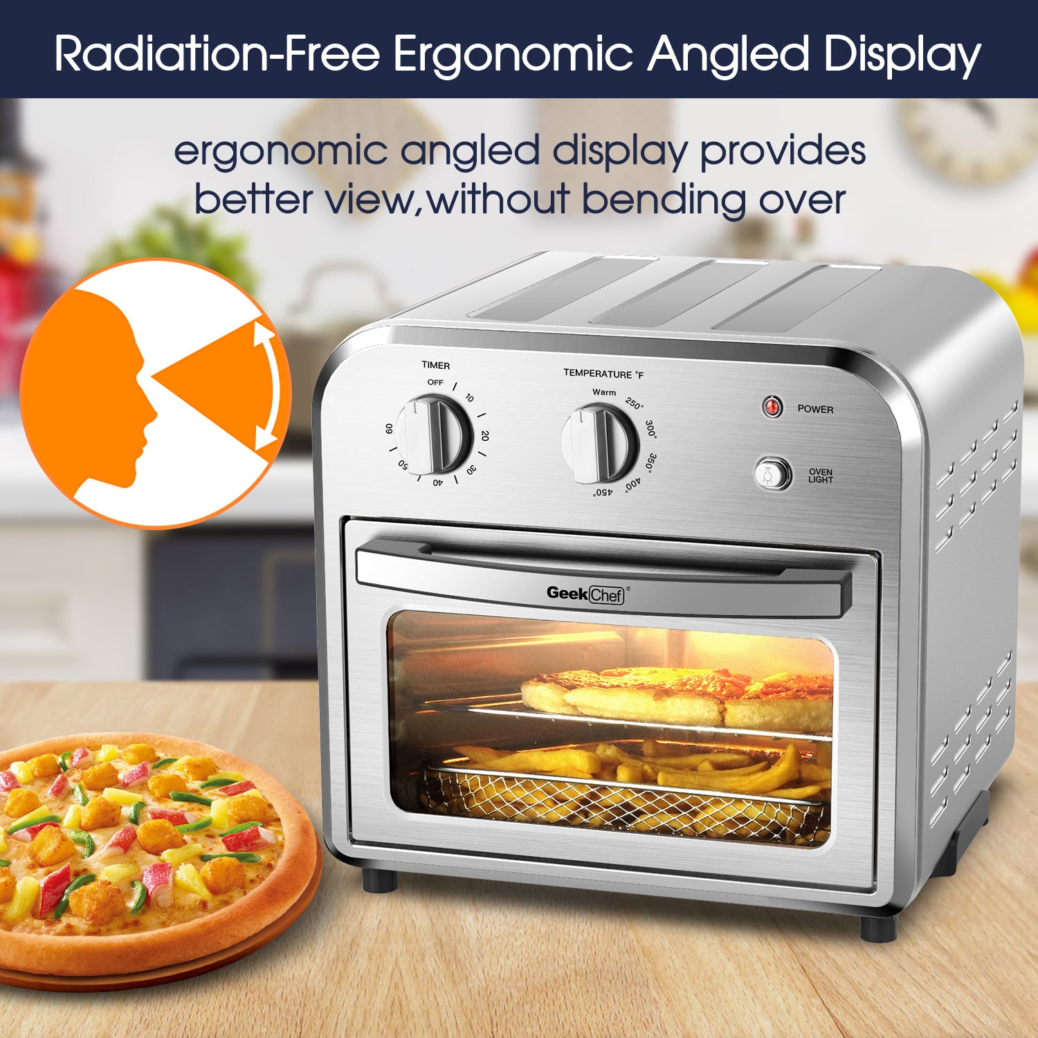 Geek Chef Air Fryer Toaster Oven, 4 Slice Convection Airfryer Countertop Oven, Roast, Bake, Broil, Reheat, Fry Oil-Free, Cooking 4 Accessories Included, Stainless Steel,1500W