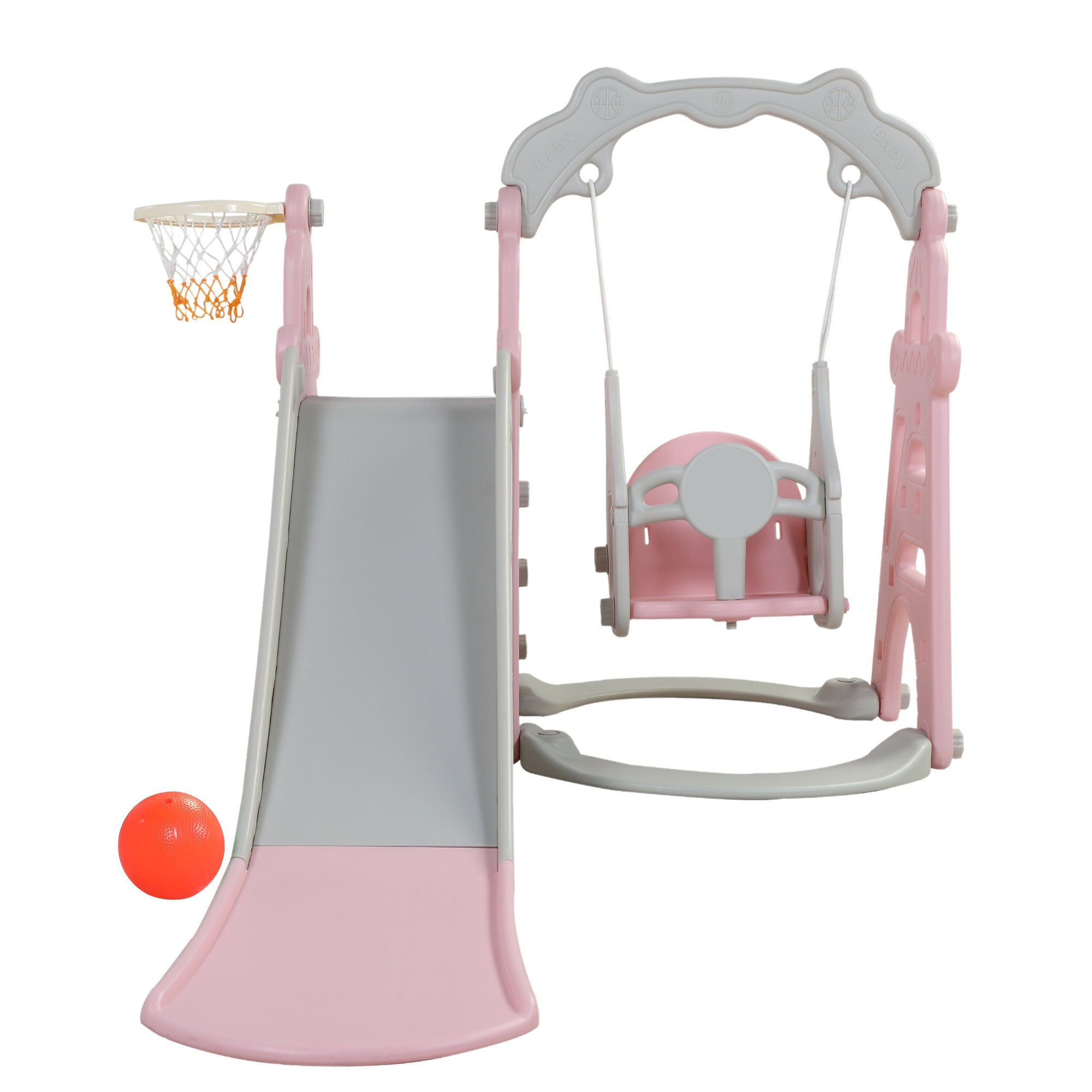 Children Slide Swing Set, 3-in-1 Combination Activity Center Freestanding Slides Playset for Kids Indoor Toddler Climbing Stairs Toy with Basketball Hoop Game Outdoor Playground XH
