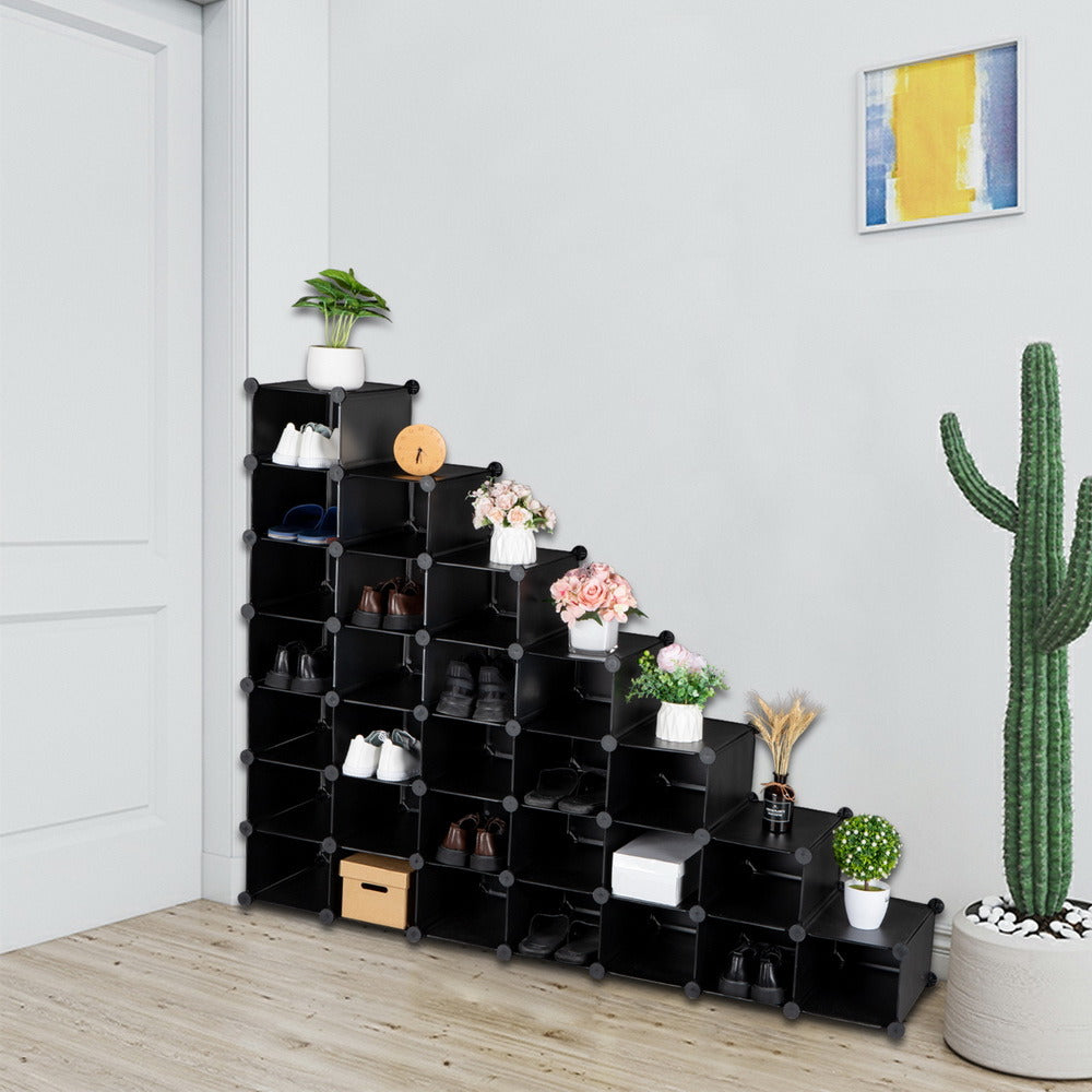 7-Tier Shoe Rack, Space Saving 28-Pair Plastic Shoe Units, Cabinet Storage Organizer, Ideal for Entryway Hallway Bathroom Living Room and Corridor XH