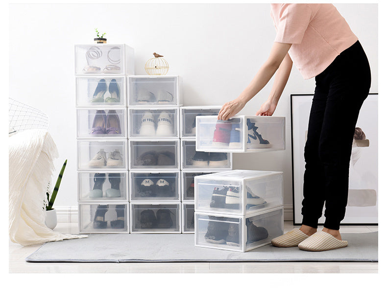 Free shipping 10PCS Storage Shoes Box Womens Mens Shoe Storage Display Box Plastic Foldable Stackable Shoe Container Clear Closet Shelf Shoe Organizer YJ