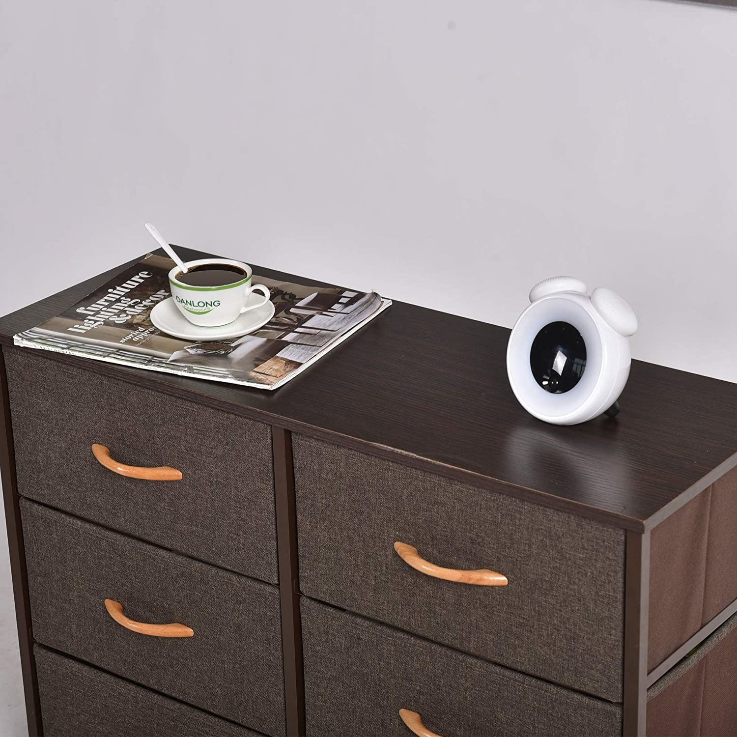 Dresser Closet with 6 Drawers, Storage Tower Unit for Bedroom, Hallway, Closet, Office Organization, Wood Top, Easy Pull Fabric Bins - Brown