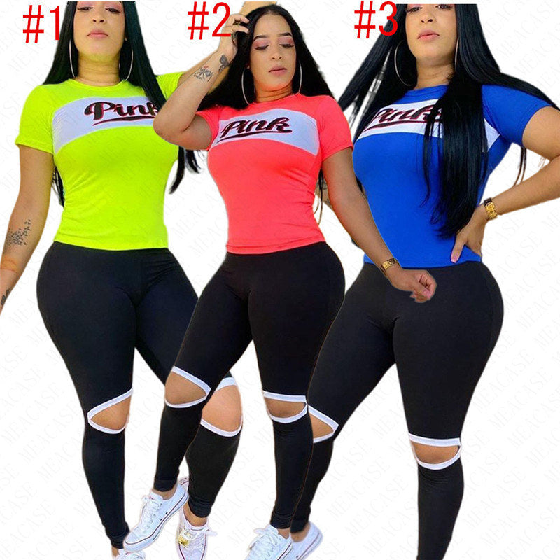 Women Tracksuit Pink Letters Print Summer T Shirt + Pants Two Pieces Sport Suit Designer Bare-kneed Leggings Tshirts Casual Outfits S-2XL D61708