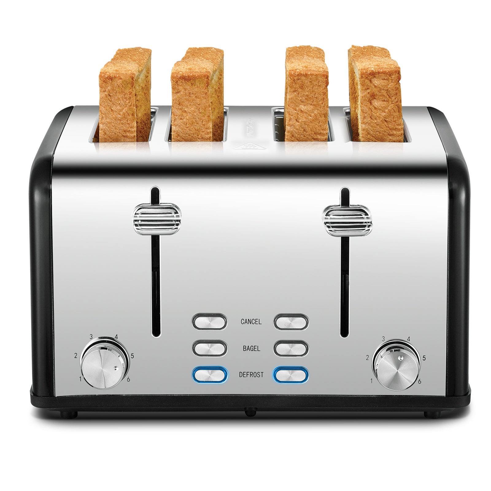 Toaster 4 Slice, Geek Chef Stainless Steel Extra-Wide Slot Toaster with Dual Control Panels of Bagel/Defrost/Cancel Function, 6 Toasting Bread Shade Settings, Removable Crumb Trays, Auto Pop-Up