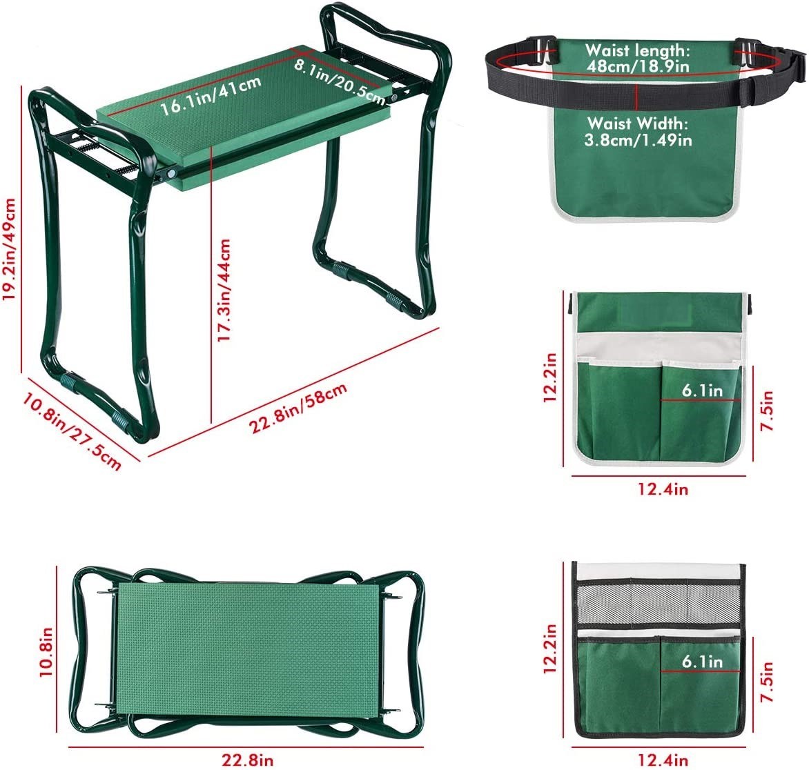 Garden Kneeler and Seat with 2 Bonus Tool Pouches - Portable Garden Bench EVA Foam Pad with Kneeling Pad for Gardening - Sturdy, Lightweight and Practical - Protect Knees and Clothes When Gardening XH