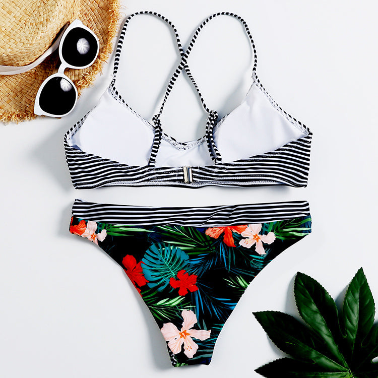 Exotic Sexy Beautiful Women BlackStriped Summer Floral Thong Bikini Swimsuit Swimwear With Sleeve