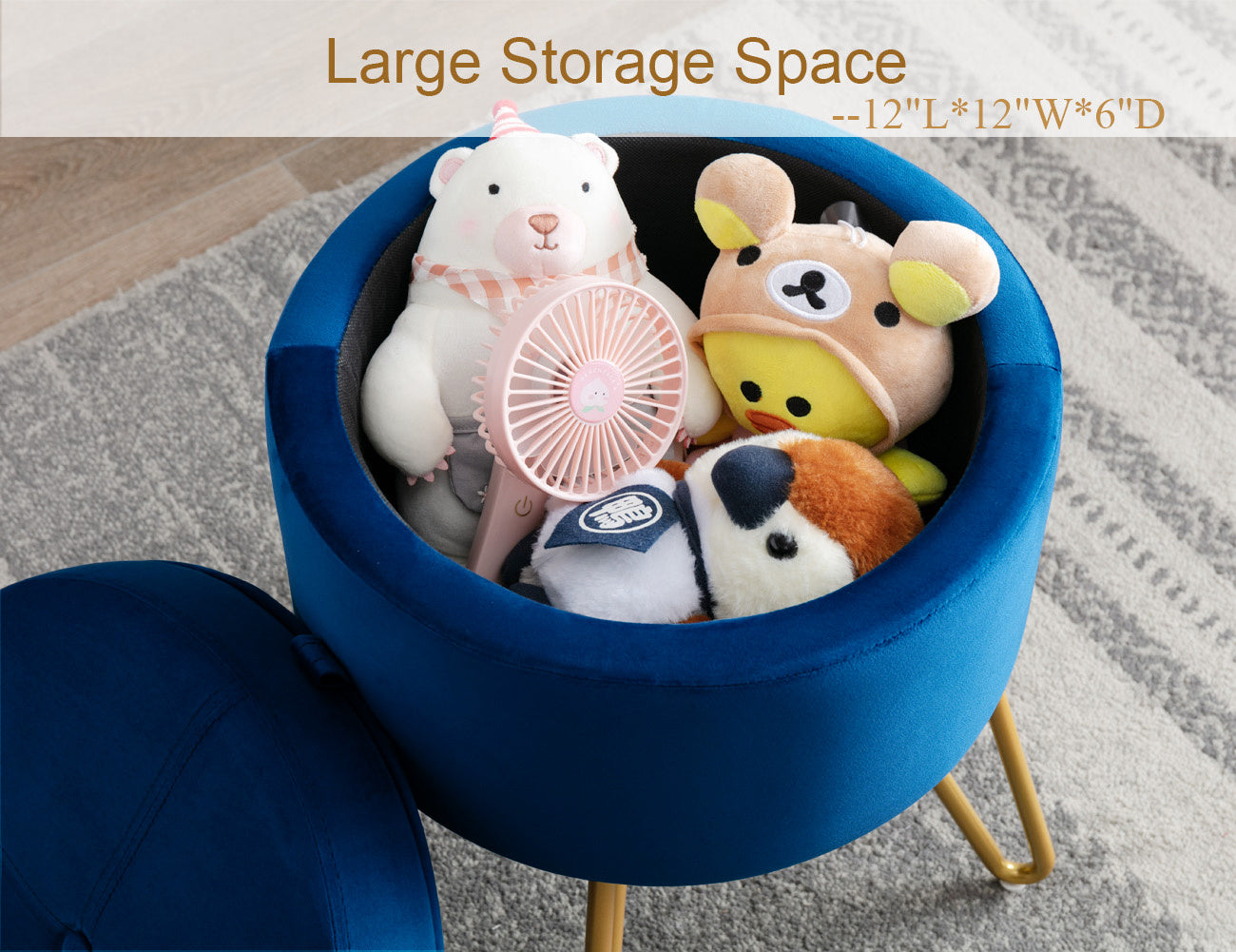 CoVibrant Velvet Vanity Stool with Storage and Tray Mid Century Small Round Ottoman for Bedroom Makeup Desk Living Room