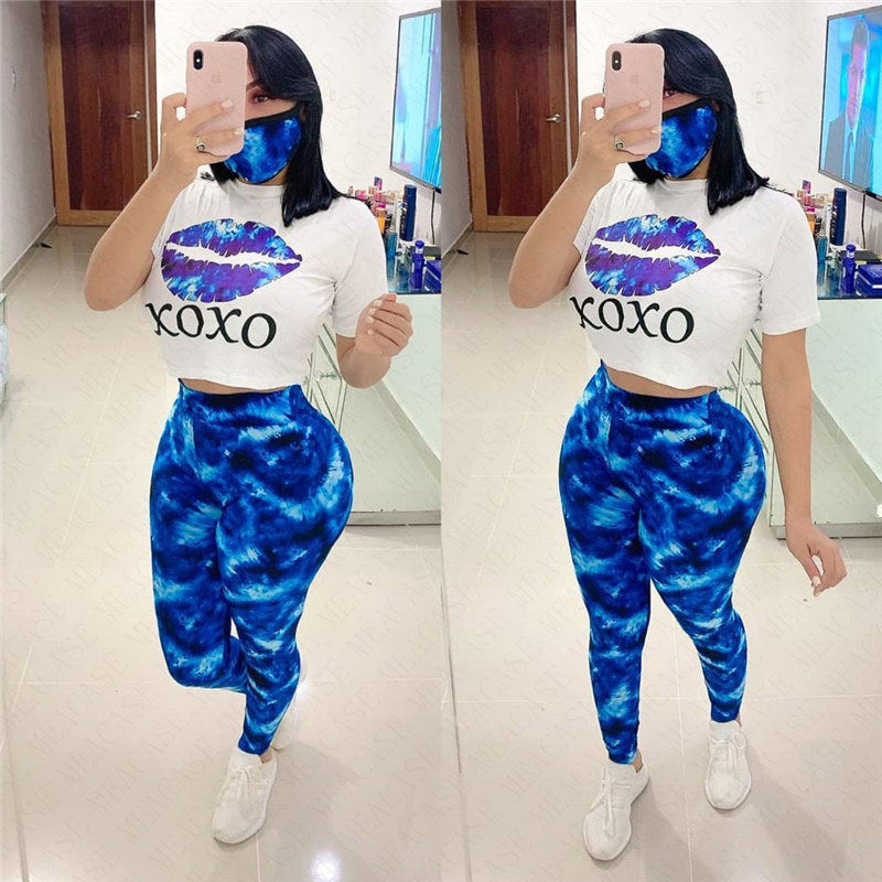 Women Letters Floral Lips Print Summer Leggings Set Women Three Piece Set with Mask Outfits Short Sleeves T shirt Pants Sport Suit Tracksuit Sportswear D61908