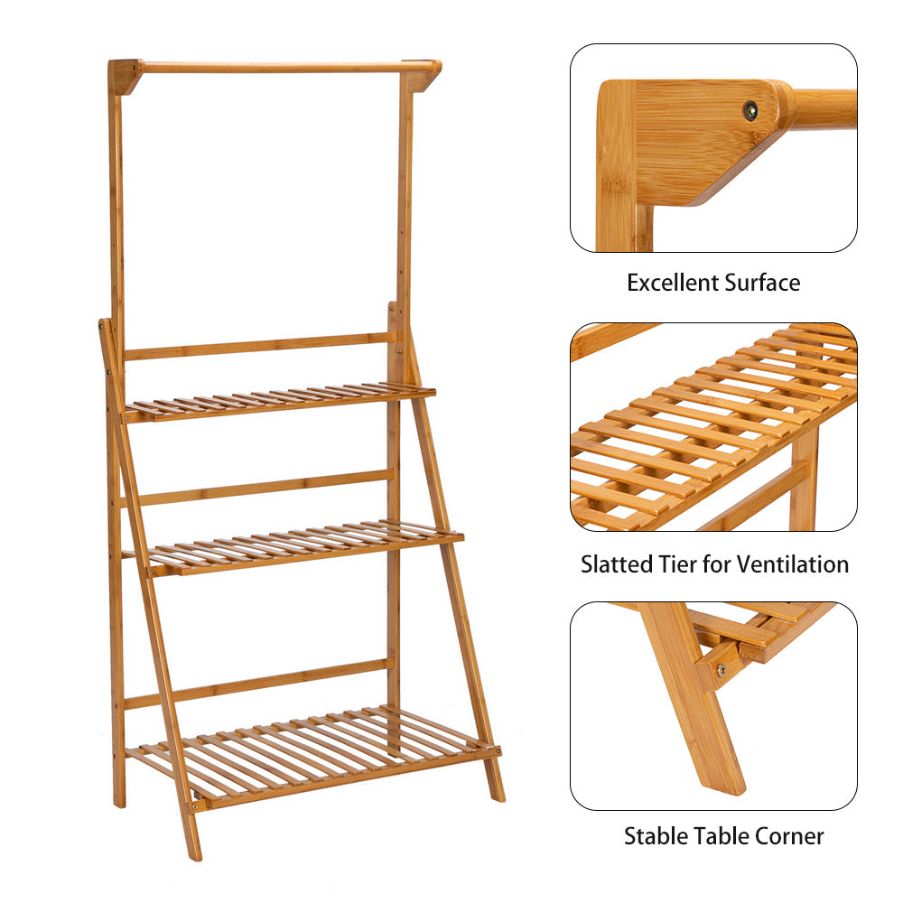 Free shipping 100% Bamboo Plant Frame Three Layers, Balcony Bamboo Frame Folding With Hanging Rod Flower Frame, Indoor Office Balcony, Living Room, Outdoor Garden Decoration YJ