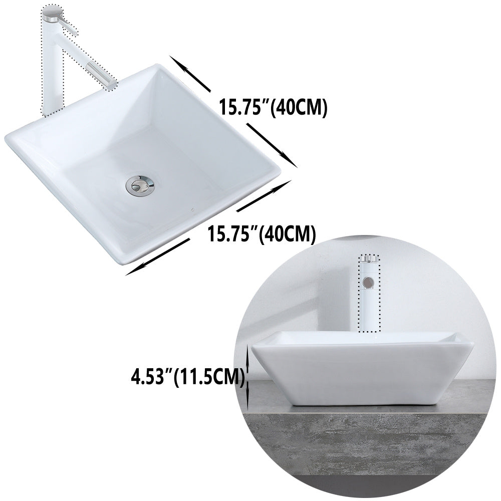 Bathroom Above Counter Square Ceramic Vessel Vanity Sink Art Basin - White Porcelain - with Pop Up Drain Stopper RT