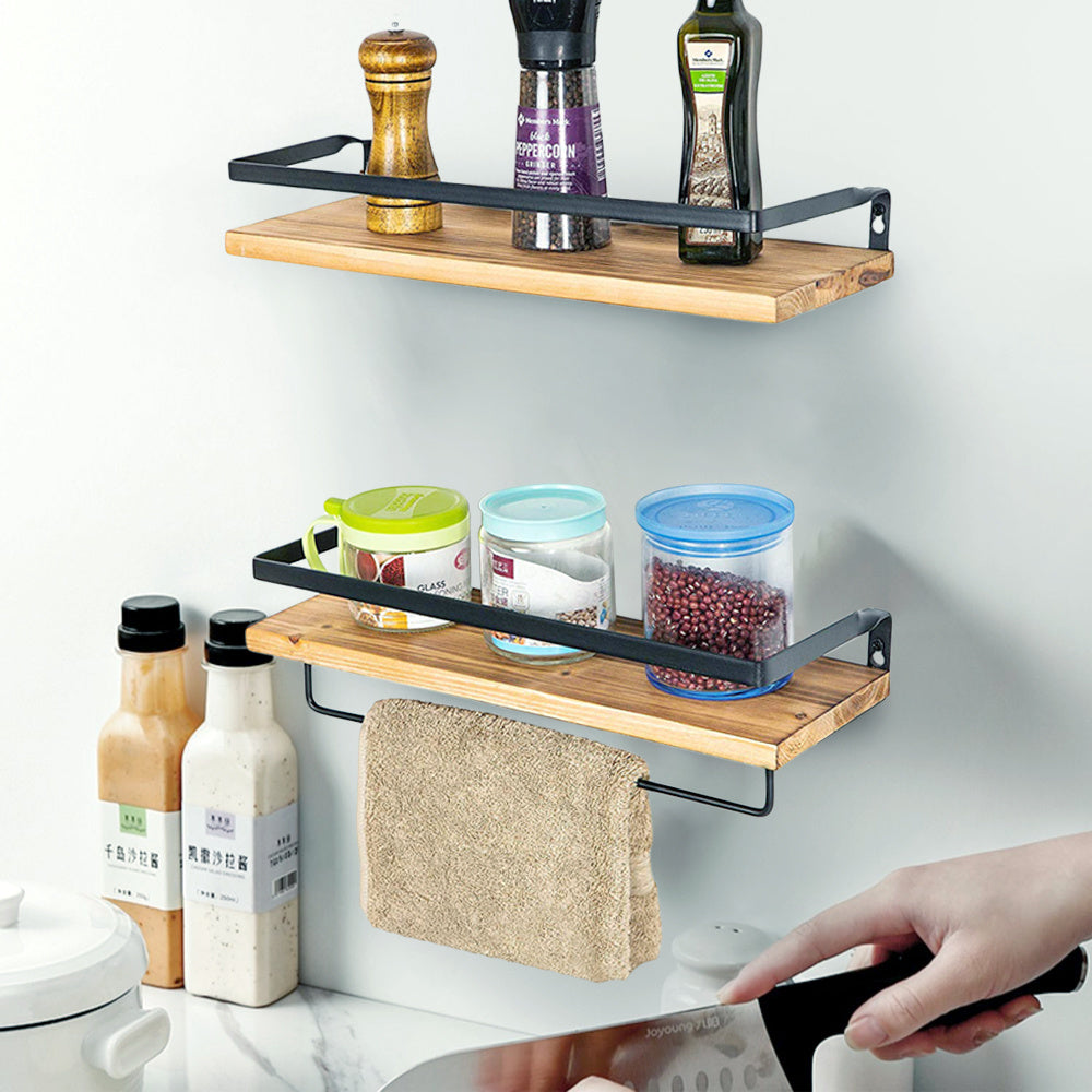 Floating Shelves with Towel Bar, Wall Mounted Storage Shelves Organizer for Bathroom, Kitchen, Bedroom, Living Room & Hallway, Set of 2, Dark Brown &light brown