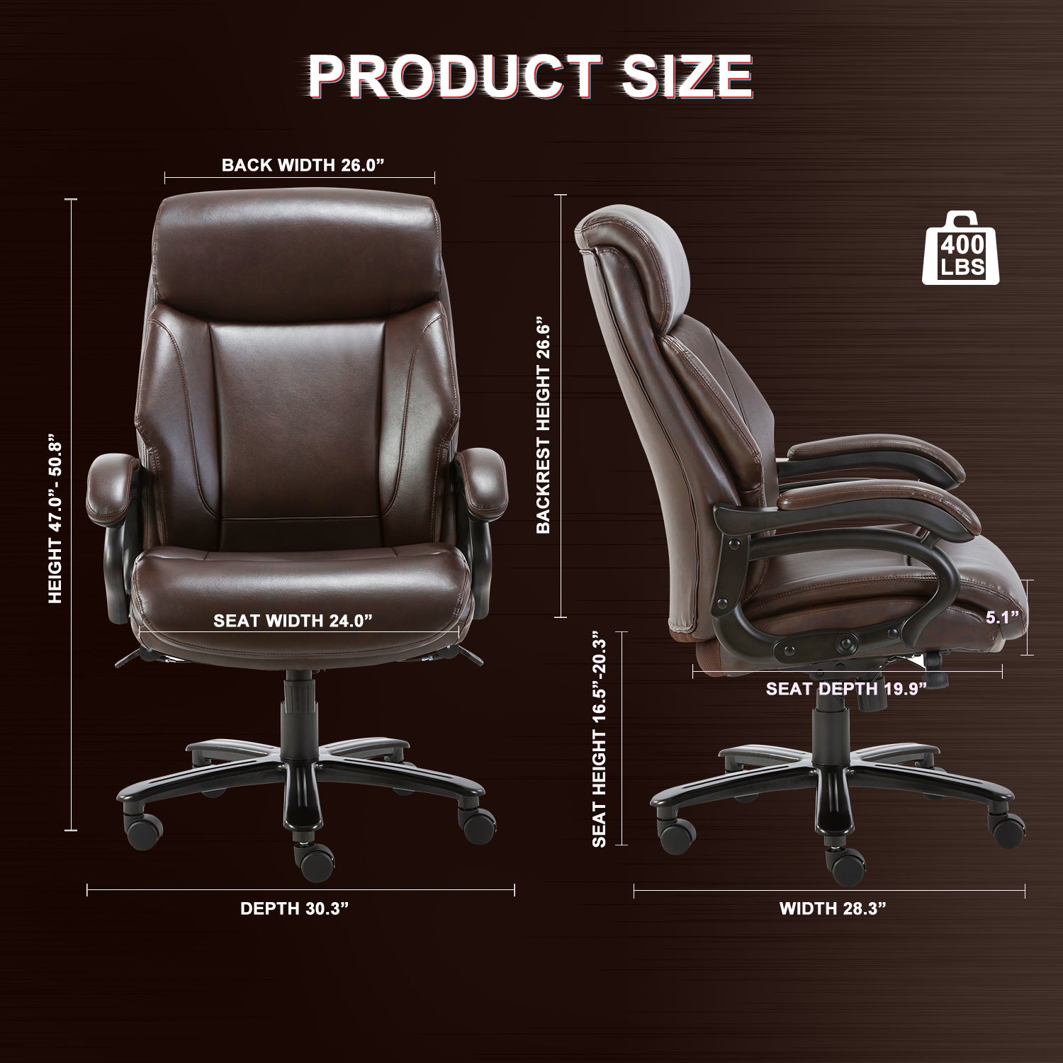 High Back Big & Tall 400lb Bonded Leather Office Chair Large Executive Desk Computer Swivel Chair - Heavy Duty Metal Base, Adjustable Tilt Angle, Ergonomic Design for Lumbar Support