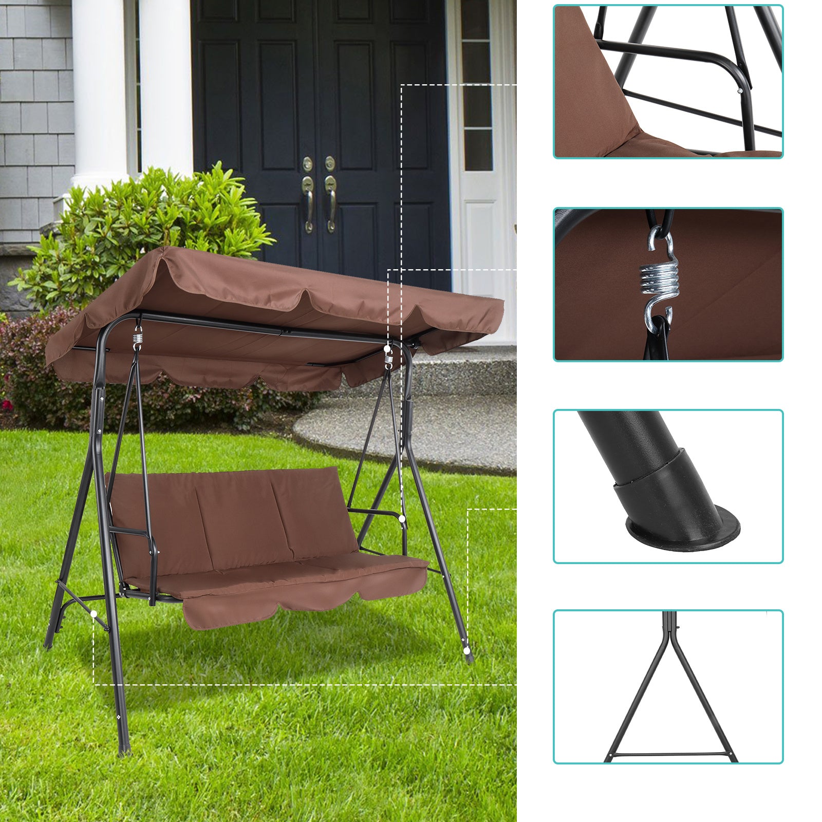 Free shipping Stable and durable three-person greenhouse coffee garden swing chair with roof 170*110*153cm With Canopy and Cushion 250kg Load-Bearing Iron Swing Brown YJ