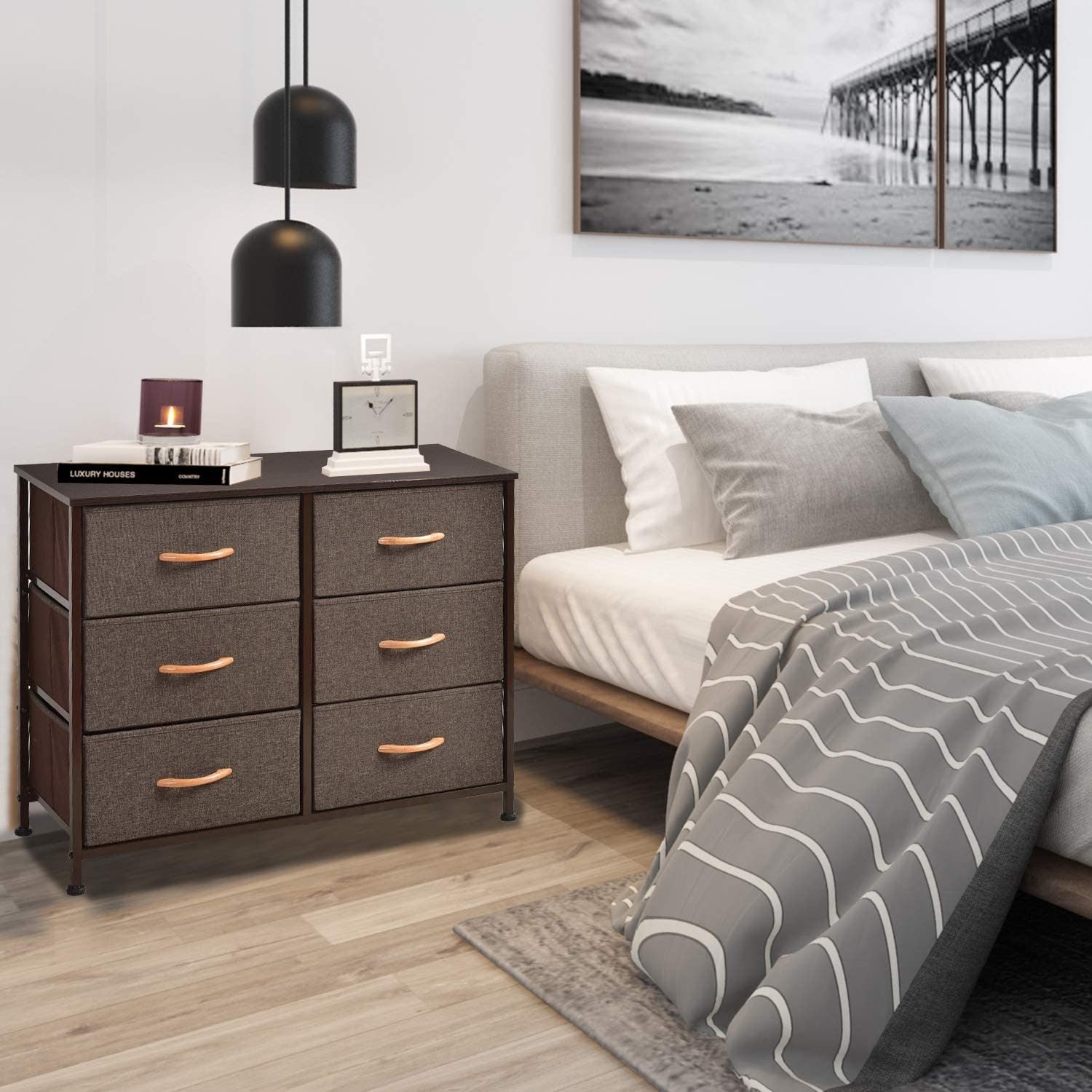 Dresser Closet with 6 Drawers, Storage Tower Unit for Bedroom, Hallway, Closet, Office Organization, Wood Top, Easy Pull Fabric Bins - Brown