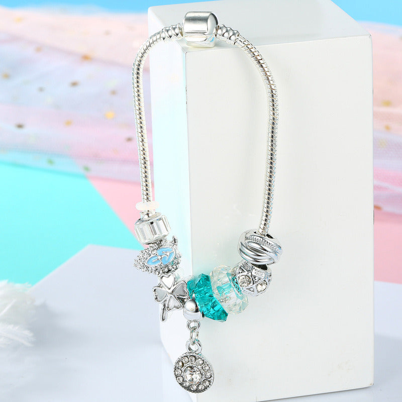 Silver Charm Bracelets Bangles Blue Crystal / Glass Beads Summer Style Women Bracelets