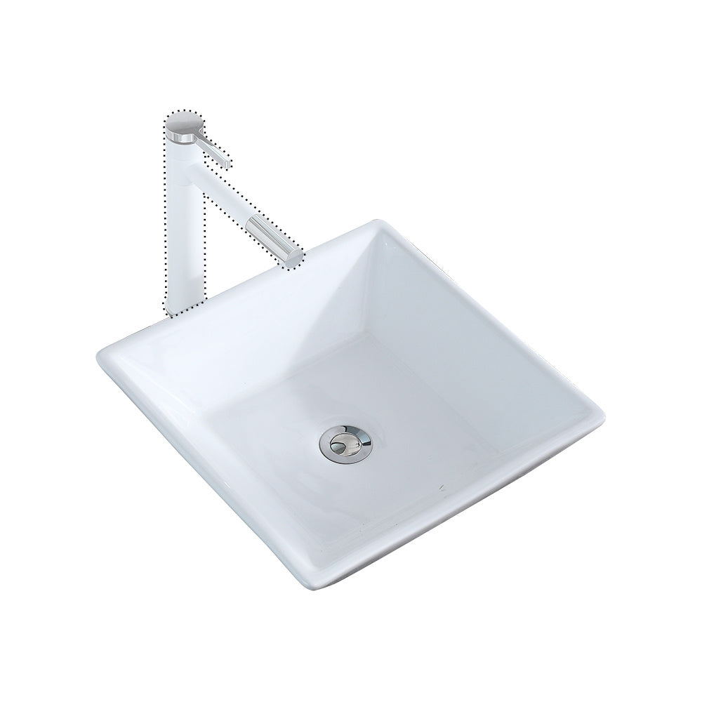 Bathroom Above Counter Square Ceramic Vessel Vanity Sink Art Basin - White Porcelain - with Pop Up Drain Stopper RT