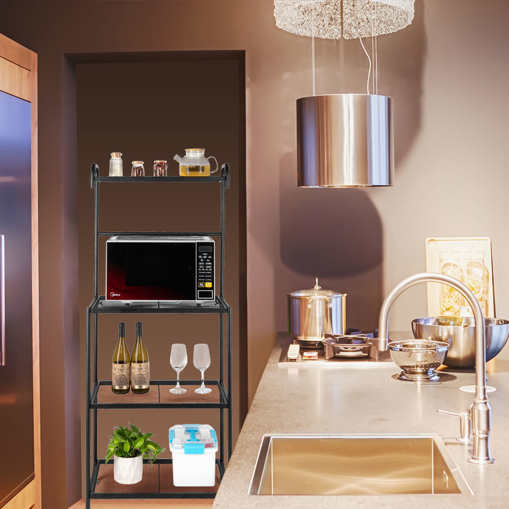 Kitchen Shelf,4-Tier Metal Baker's Rack Organizer Stand Shelf Kitchen Microwave Cart Storage Countertop Dorm Microwave Stand Kitchen Storage Shelving for Kitchen,Black RT