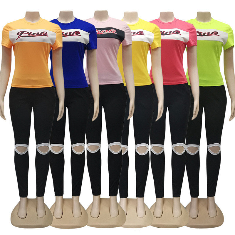 Women Tracksuit Pink Letters Print Summer T Shirt + Pants Two Pieces Sport Suit Designer Bare-kneed Leggings Tshirts Casual Outfits S-2XL D61708