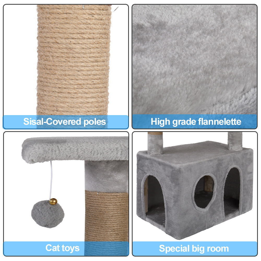 39" Cat Tree Tower with Plush Condos, Scratching Post, Toy, Light Grey YF