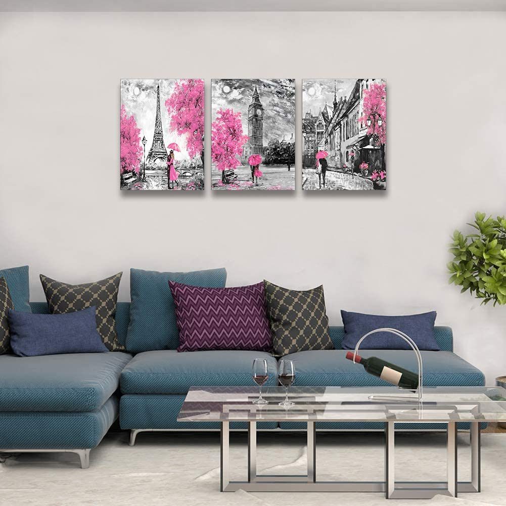 Black and White Wall Art Girls Pink Paris Theme Canvas Prints Eiffel Tower Wall Paintings London Big Ben Pictures for Bedroom Living Room Bathroom Wall Decor