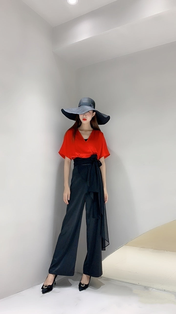 2020 Hot Selling VLUEE Women's Flowy Short Sleeve Loose Fit and Elastic Waist Wide Leg Pants