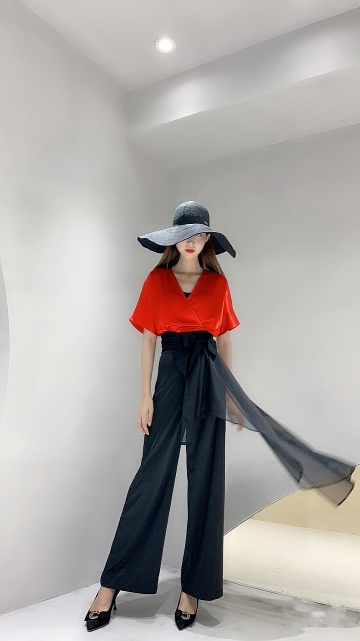 2020 Hot Selling VLUEE Women's Flowy Short Sleeve Loose Fit and Elastic Waist Wide Leg Pants