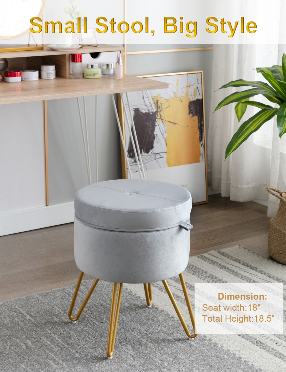 CoVibrant Velvet Vanity Stool with Storage and Tray Mid Century Small Round Ottoman for Bedroom Makeup Desk Living Room