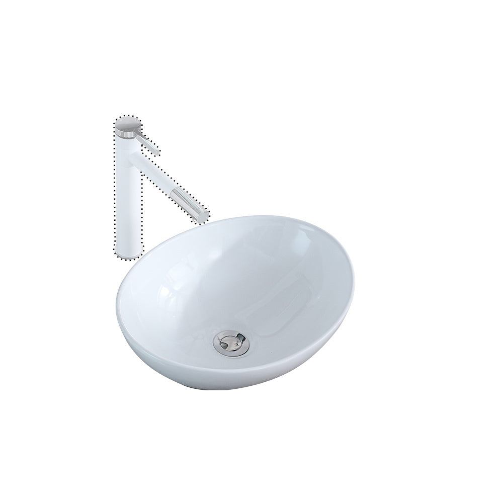 Bathroom Above Counter Egg Shape Oval Bowl Ceramic Vessel Vanity Sink Art Basin - White Porcelain - with Pop Up Drain Stopper RT
