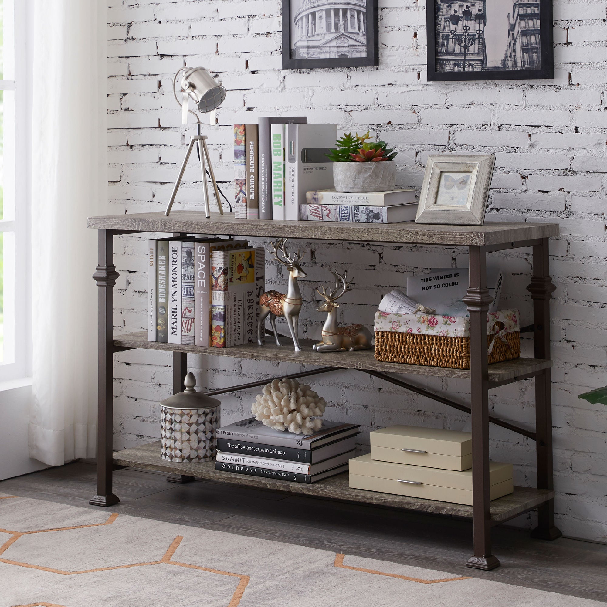 Free shipping 3 Tier Console Sofa Table, Industrial Rustic Entryway Table with Storage Shelf for Living Room, Hallway, Grey Oak Finish, 47-Inch Long YJ