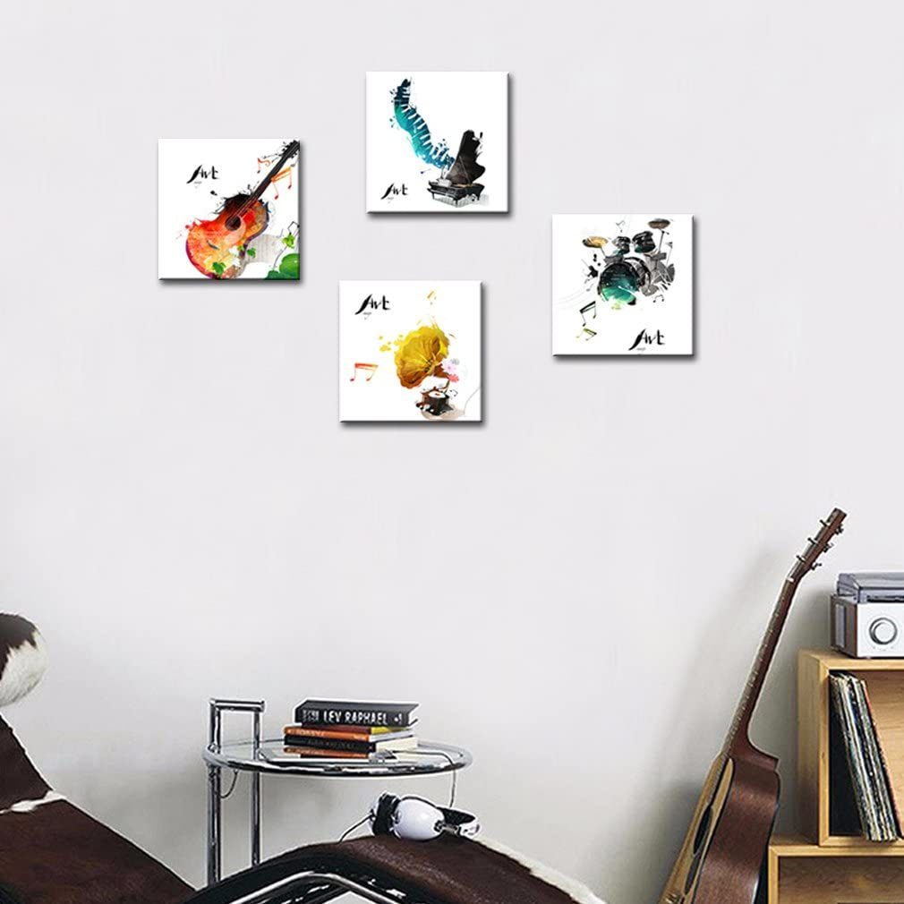 4 Pieces Canvas Wall Art Guitar Piano Phonograph and Drum Set Four Kinds of Classical Music Instruments Picture Music Painting Giclee Art for Home Decor Framed Ready to Hang (Guitar, 12x12inchx4pcs)