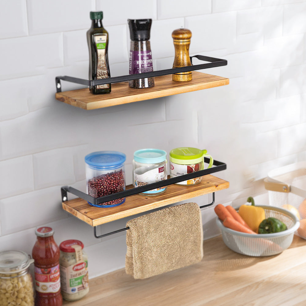 Floating Shelves with Towel Bar, Wall Mounted Storage Shelves Organizer for Bathroom, Kitchen, Bedroom, Living Room & Hallway, Set of 2, Dark Brown &light brown