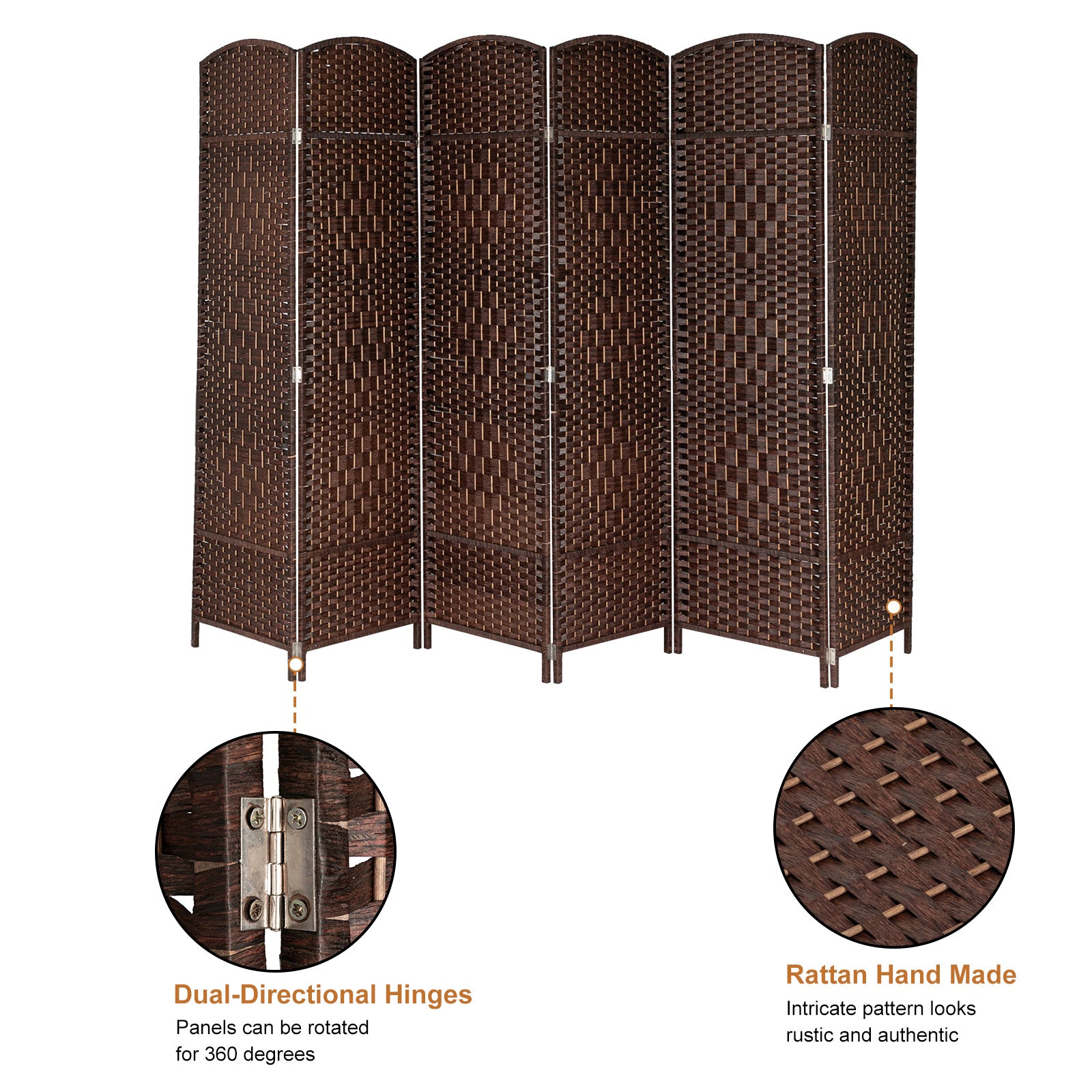 Room Divider, Weave Fiber Extra Wide Room Divider, Double Hinged,6 Panel Room Divider & Folding Privacy Screens, Freestanding Room Dividers RT