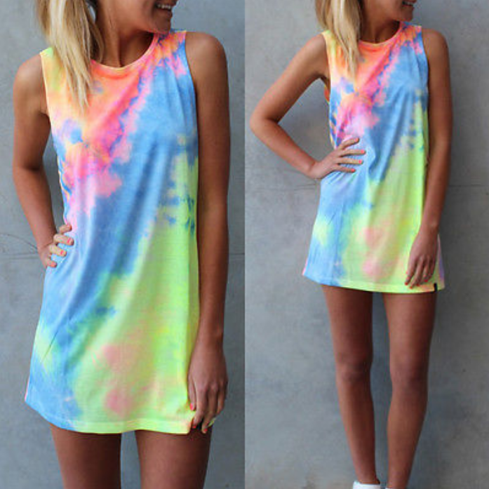 Free local delivery Sun Women Summer Short Dress Holiday Beach Casual Loose Rainbow Sundress