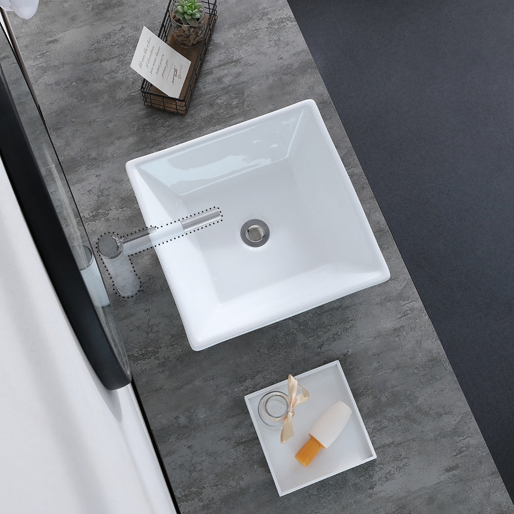Bathroom Above Counter Square Ceramic Vessel Vanity Sink Art Basin - White Porcelain - with Pop Up Drain Stopper RT