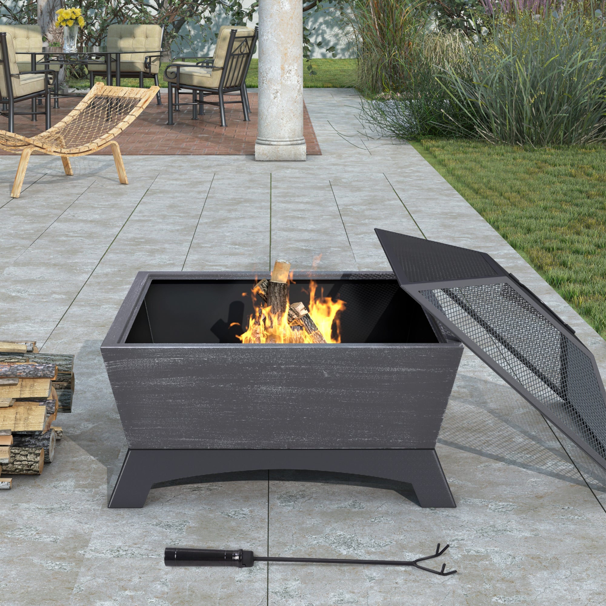 Free shipping Quality Steel Fire Pit with Log Poker, Mesh Screen for Outdoor Living, Family Use, Dark Gray