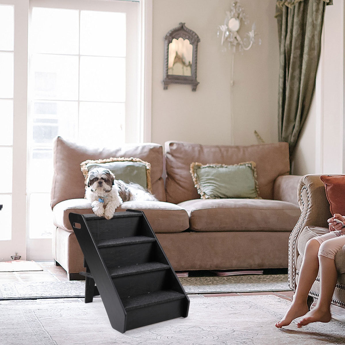 Four-Step wooden pet ladder, Jumping Support Safe Access to Sofa, for dogs and cats