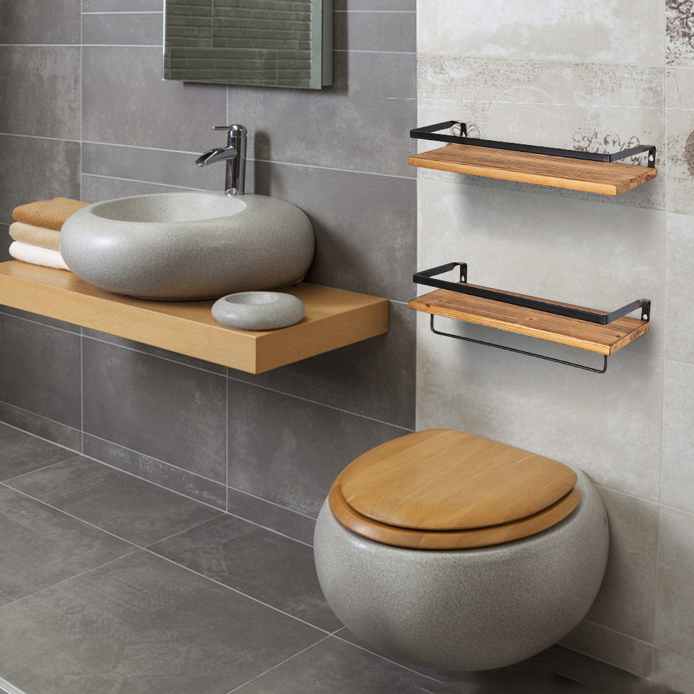 Floating Shelves with Towel Bar, Wall Mounted Storage Shelves Organizer for Bathroom, Kitchen, Bedroom, Living Room & Hallway, Set of 2, Dark Brown &light brown
