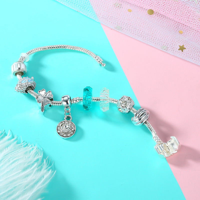 Silver Charm Bracelets Bangles Blue Crystal / Glass Beads Summer Style Women Bracelets