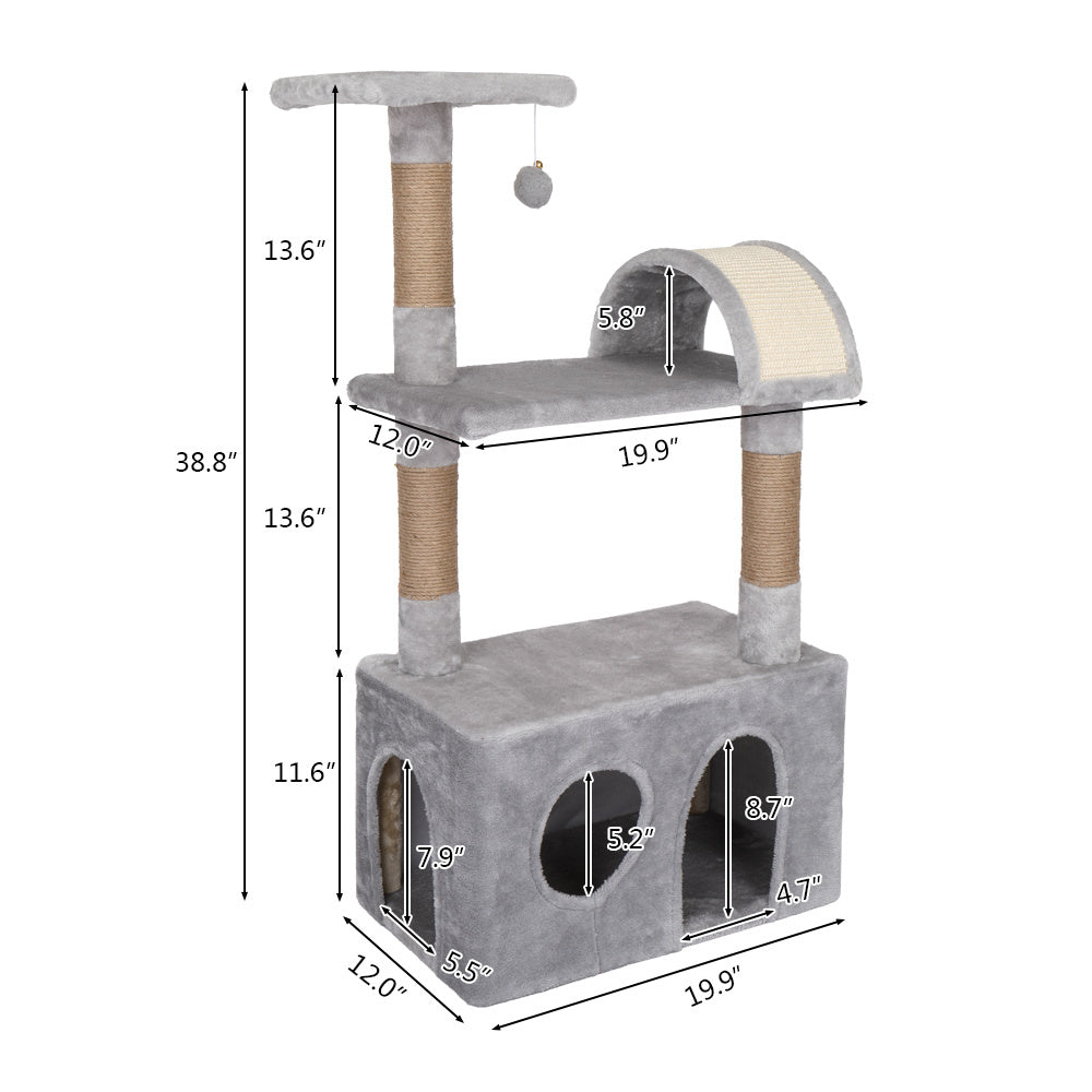 39" Cat Tree Tower with Plush Condos, Scratching Post, Toy, Light Grey YF
