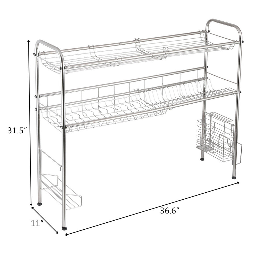 Over Sink Dish Rack, 2 Tier Stainless Steel Dish Rack Rustproof Durable Above Kitchen Sink Shelf Dish Drainer RT