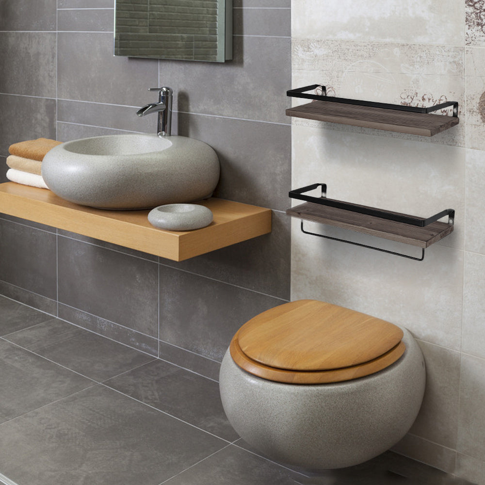 Floating Shelves with Towel Bar, Wall Mounted Storage Shelves Organizer for Bathroom, Kitchen, Bedroom, Living Room & Hallway, Set of 2, Dark Brown &light brown