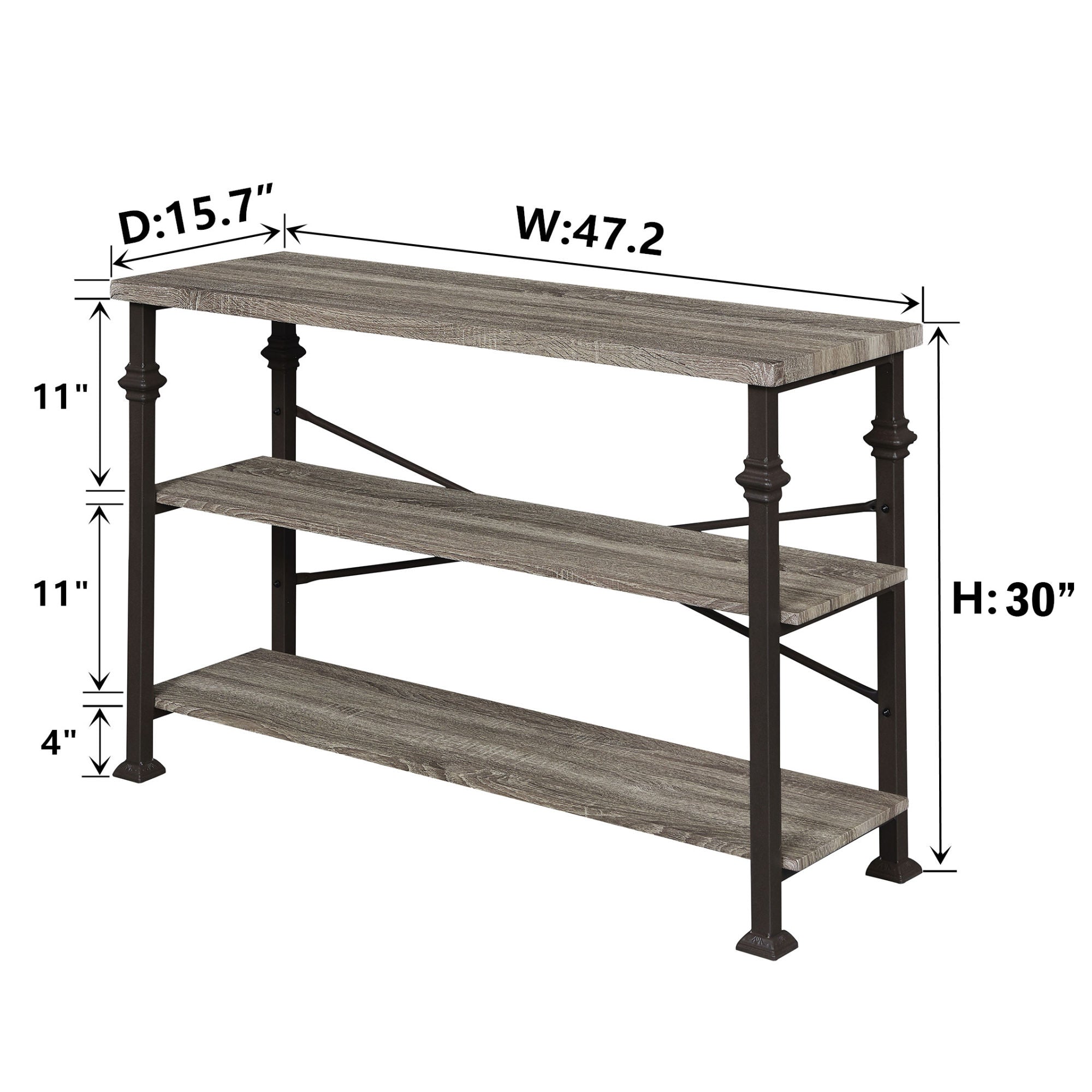 Free shipping 3 Tier Console Sofa Table, Industrial Rustic Entryway Table with Storage Shelf for Living Room, Hallway, Grey Oak Finish, 47-Inch Long YJ