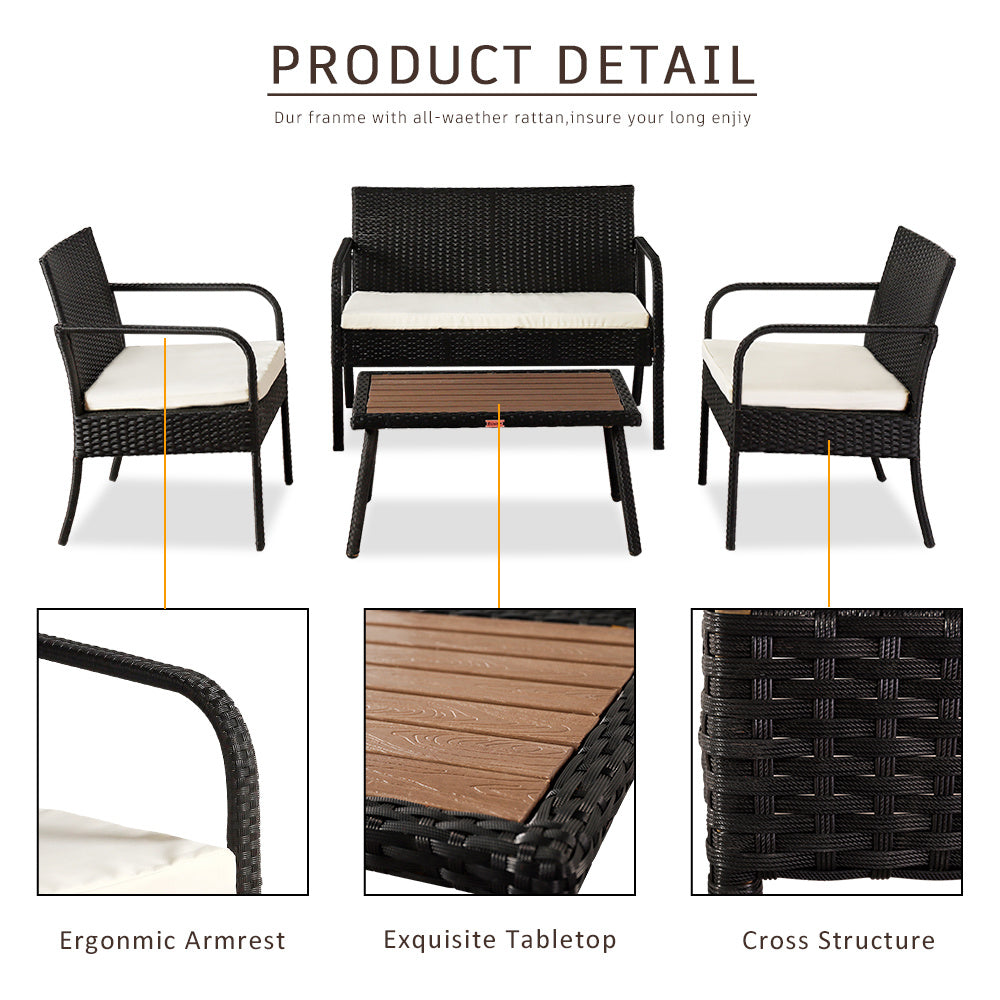Free shipping 4 Pieces Outdoor Leisure Rattan Furniture Rattan Chair Small Four-piece Coffee Table Solid Wood Coffee Table-Black YJ