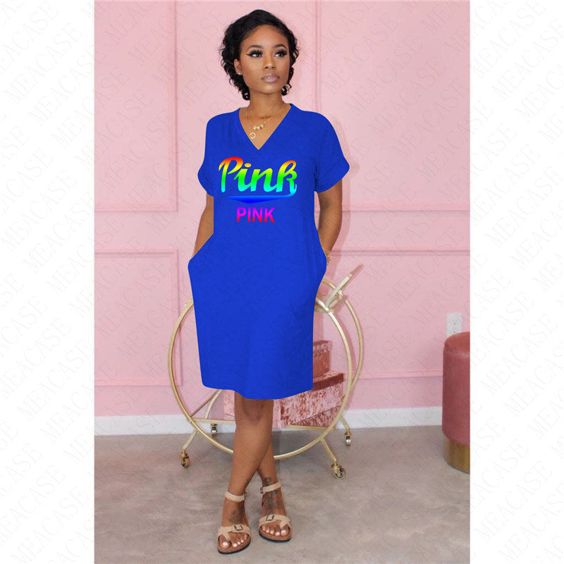Women Colorful PINK letter print dress short sleeve skirts V-neck sexy dresses fashion summer clothes beach casual dress plus size S-2XL D61907