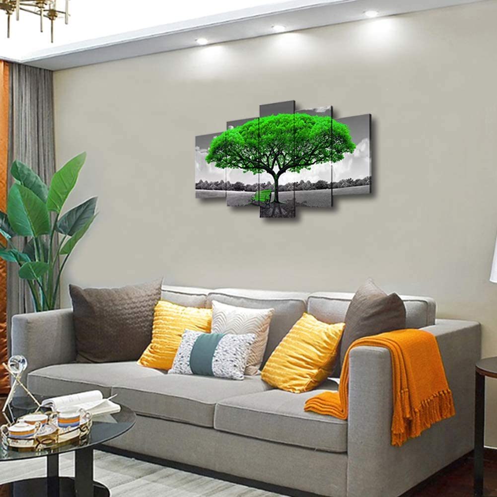 Canvas Wall Art Green Tree Landscape Painting Black and White Picture Prints Framed Artwork Large Wall Art for Living Room Bedroom Decoration 5 Pieces
