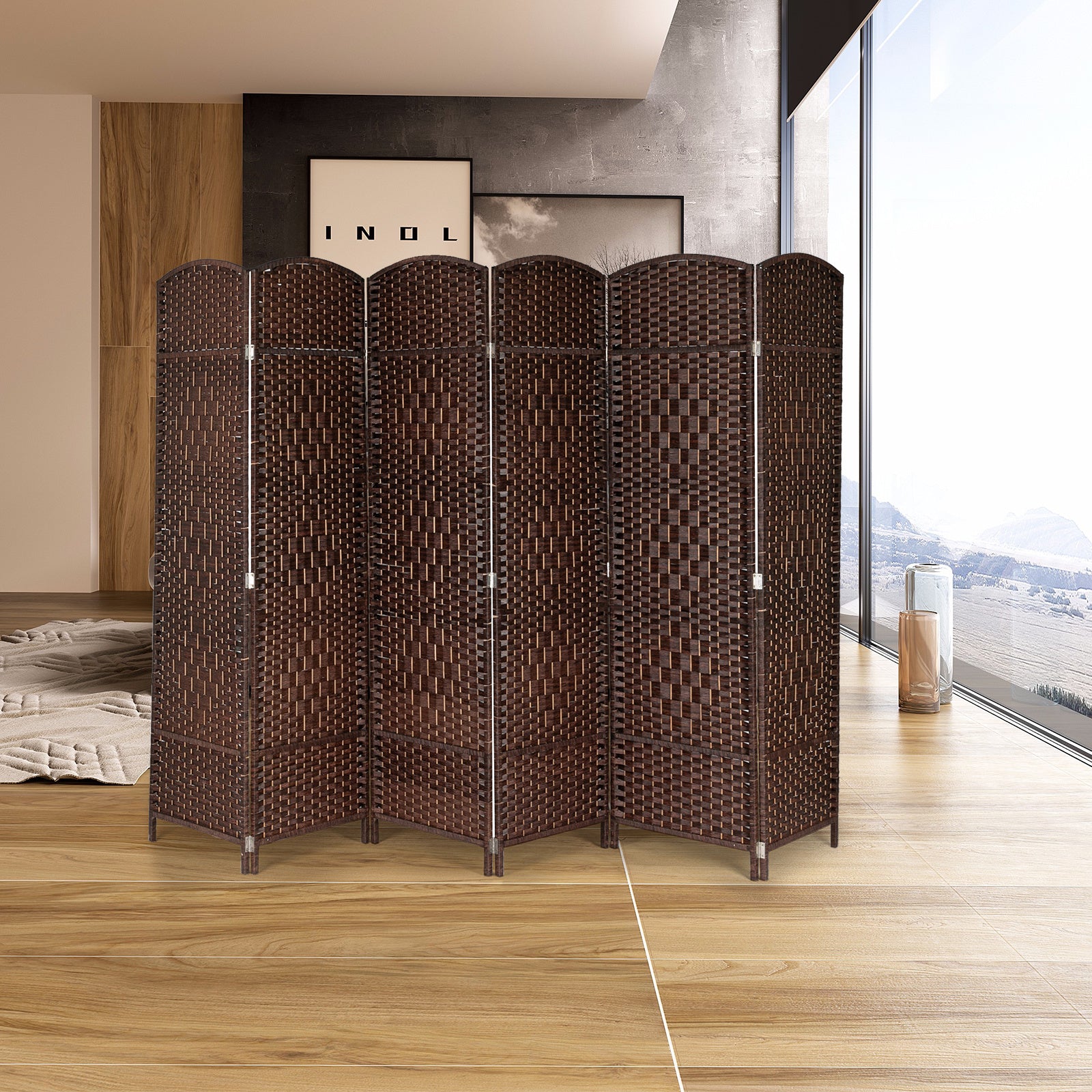 Room Divider, Weave Fiber Extra Wide Room Divider, Double Hinged,6 Panel Room Divider & Folding Privacy Screens, Freestanding Room Dividers RT