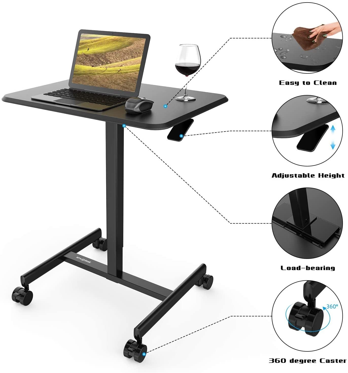 Mobile Sit-Stand Desk Adjustable Height Laptop Desk Cart Ergonomic Table Small Standing Desk with Pneumatic Height Adjustments, Black,White