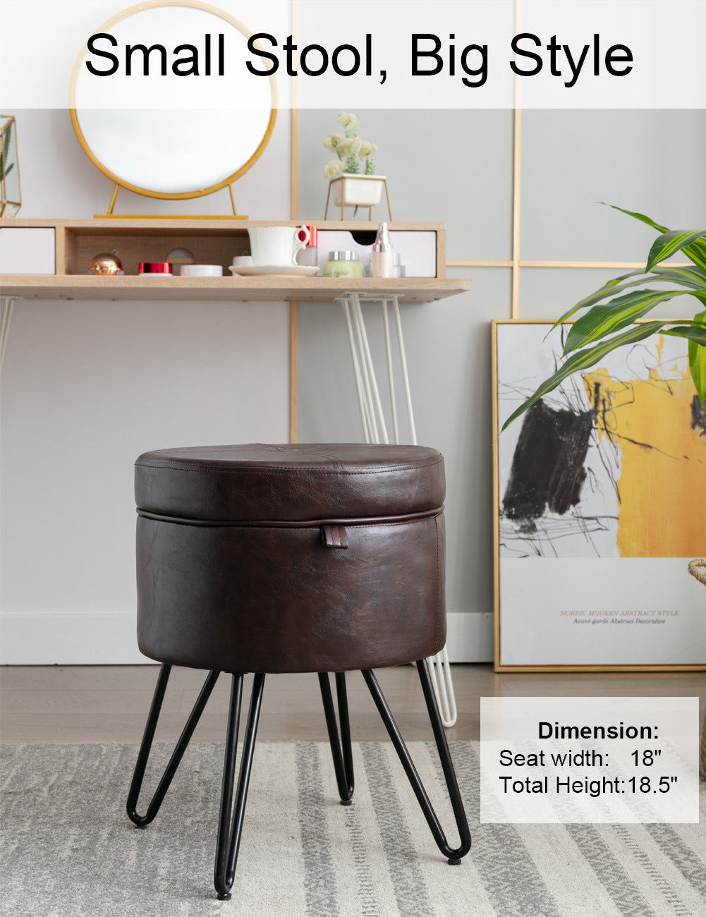CoVibrant Velvet Vanity Stool with Storage and Tray Mid Century Small Round Ottoman for Bedroom Makeup Desk Living Room