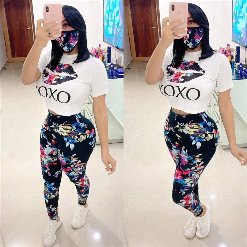 Women Letters Floral Lips Print Summer Leggings Set Women Three Piece Set with Mask Outfits Short Sleeves T shirt Pants Sport Suit Tracksuit Sportswear D61908