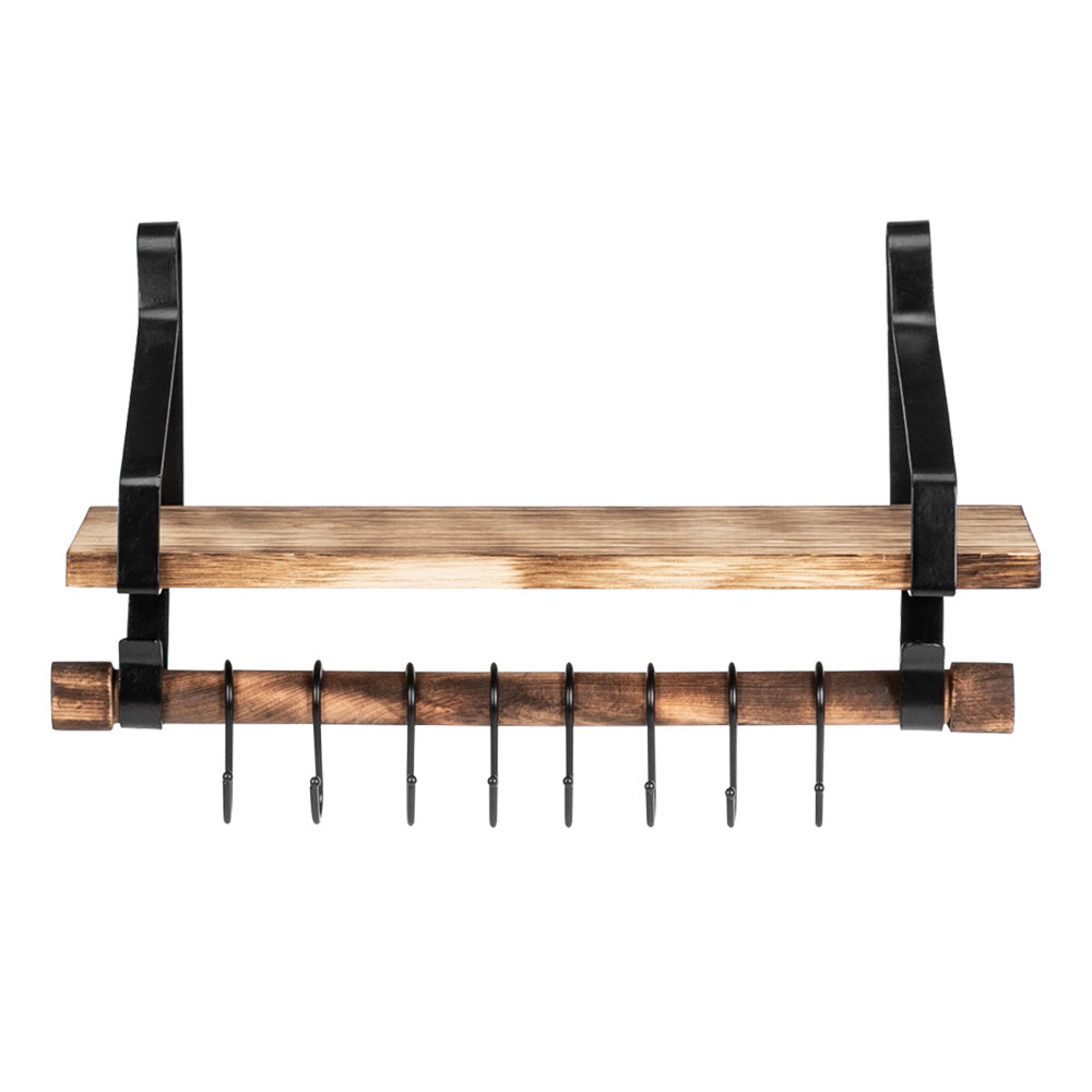 Floating Shelf Wall Shelf Rustic Wood Kitchen Spice Rack with Towel Bar and 8 Removable Hooks for Organize Cooking Utensils or Mugs
